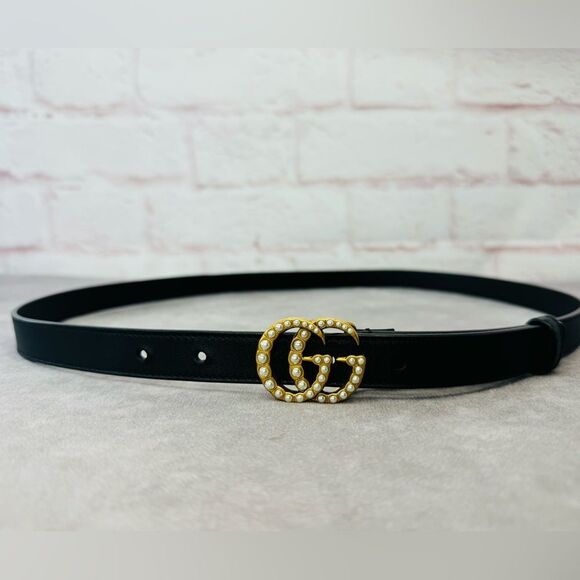Gucci Accessories - Gucci Black GG Marmont Thin Belt with Pearls 476342 90/36